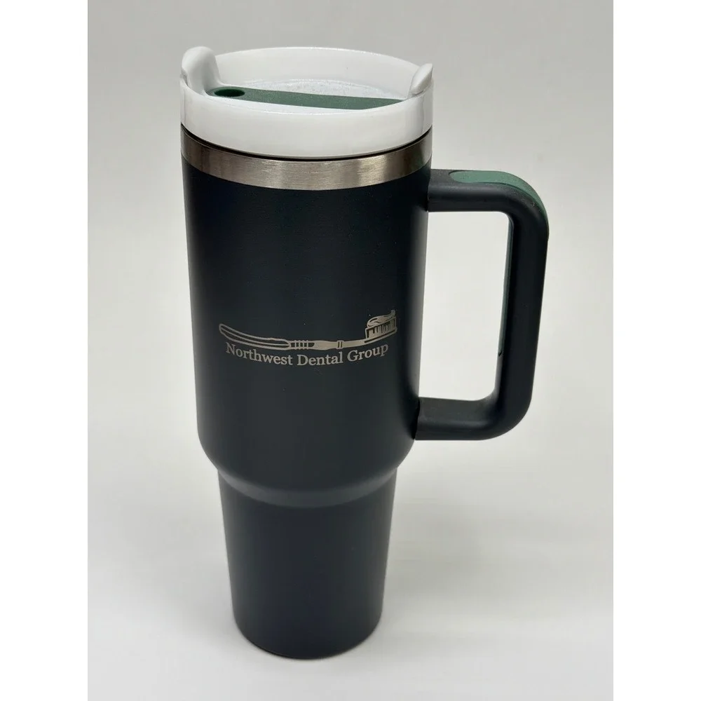 Matte Black 40oz Insulated Travel Tumbler Northwest Dental Group Logo Handle Lid